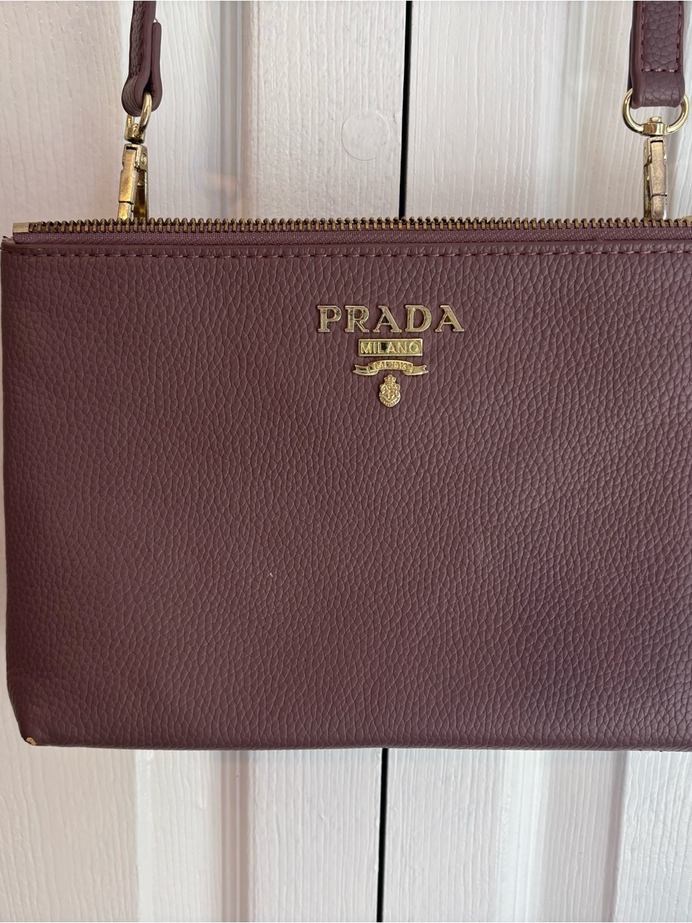 Prada Burgundy Pebbled Leather Crossbody with Gold Hardware